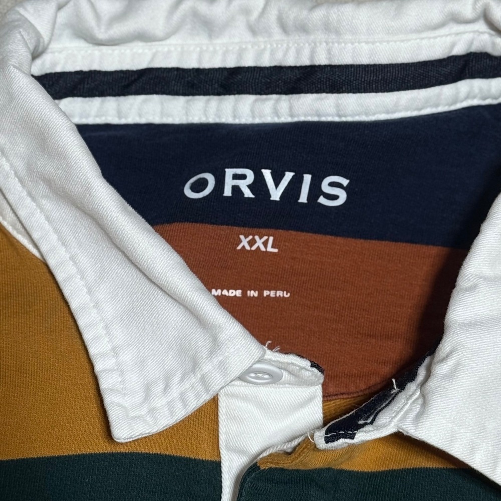 Orvis Mens XXL Rugby Shirt Long Sleeve Striped Green Yellow Cotton Polo Top - Picture 4 of 6